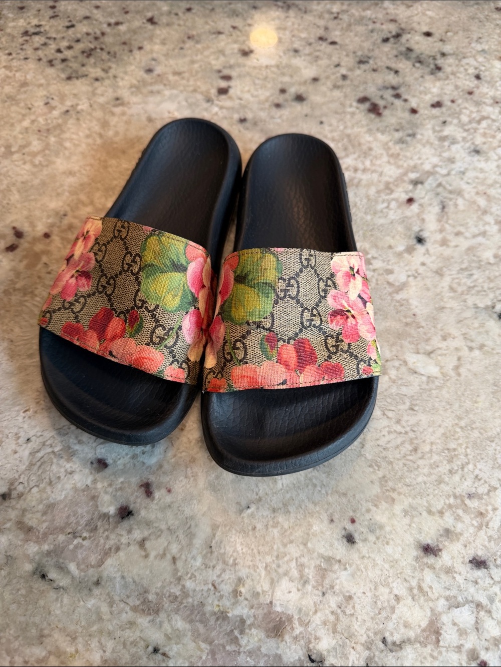 Gucci Black Slides with Floral Monogram Strap
